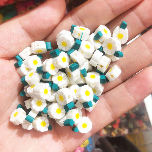 White Daisy Flower Themed Polymer Clay Beads (9~10.5 x 4.5mm; Hole: 1.6mm)