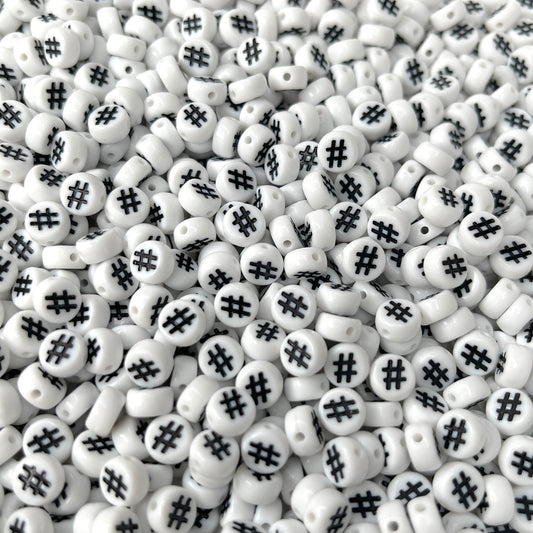 7MM White Flat Round Acrylic with Hashtag, Pound Sign Symbol Beads