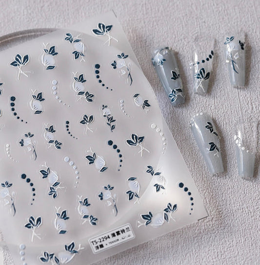 White Floral Strand, Flower Themed Nail Art Stickers (2D and 3D)