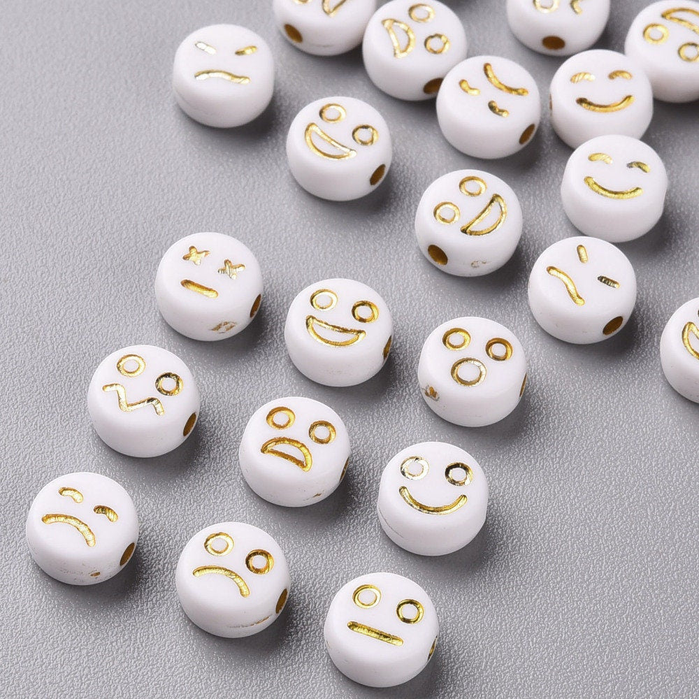 White Round Acrylic with Gold Mixed Faces Beads (4mm x 7mm)