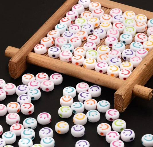 BULK White Flat Round Acrylic with Colorful Smiley Face Beads (4mm x 7mm)