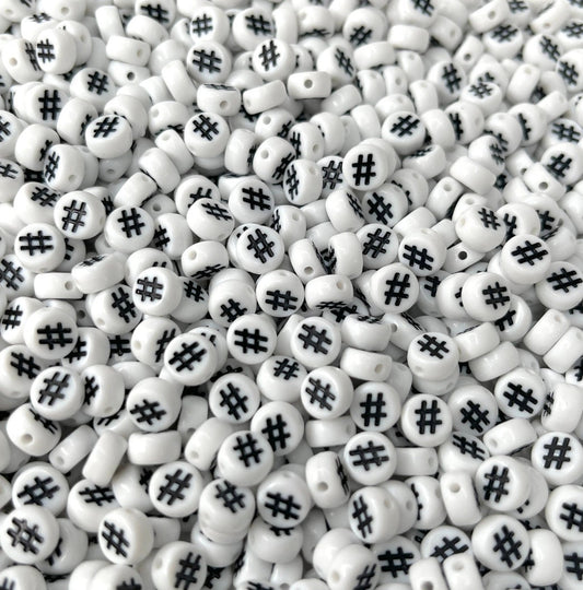 BULK White Flat Round Acrylic with Hashtag, Pound Sign Symbol Beads (4mm x 7mm)