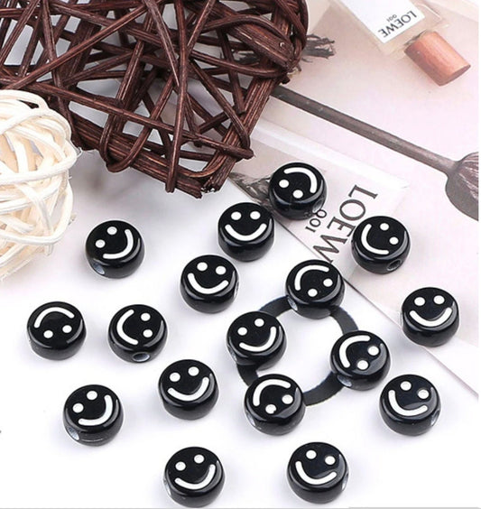 BULK Black Flat Round Acrylic with White Smiley Face Beads (4mm x 7mm)