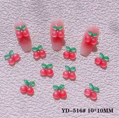 10MM x 10MM Translucent Watermelon Slice and Cherry Themed 3D Nail Art Charms
