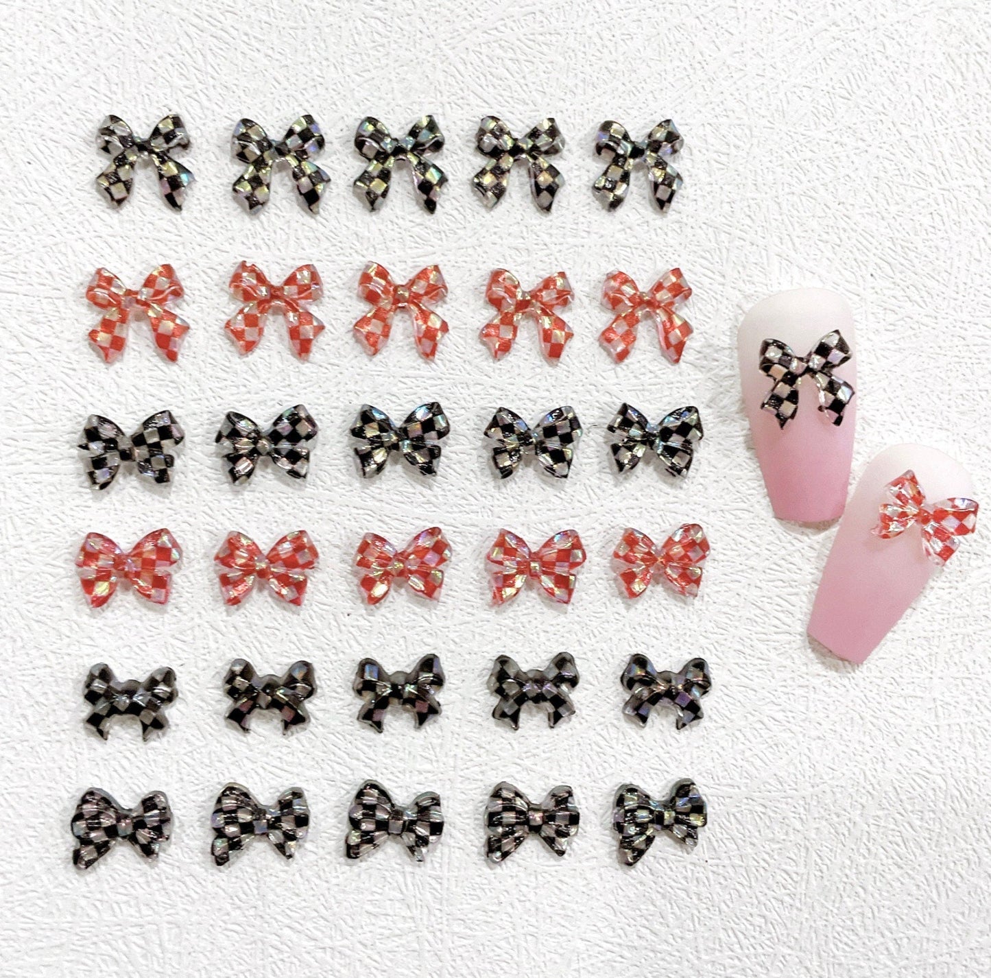 11MM Checkered Ribbon Bows Themed 3D Nail Art Charms, Mini Cabochon