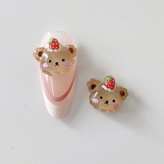 11MM x 9MM Cute Brown Bear w/Strawberry,Animal Nail Art Charms,Mini Cabochon