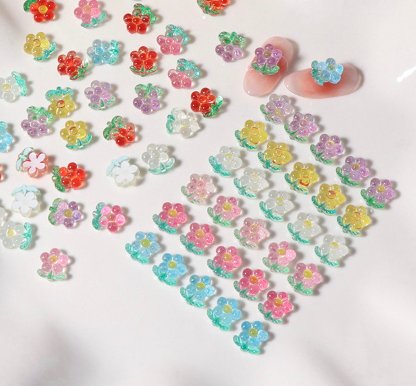 6MM x 7MM Translucent Flowers, Floral Themed 3D Nail Art Charms, Mini Cabochon