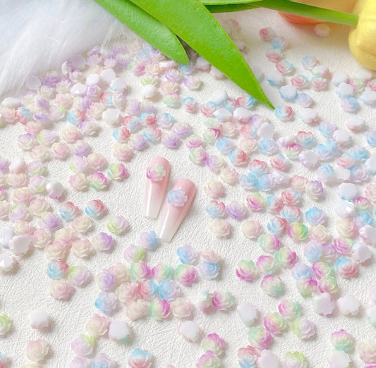 8MM Mixed  Gradient Roses, Floral Themed 3D Nail Art Charms, Mini Cabochon