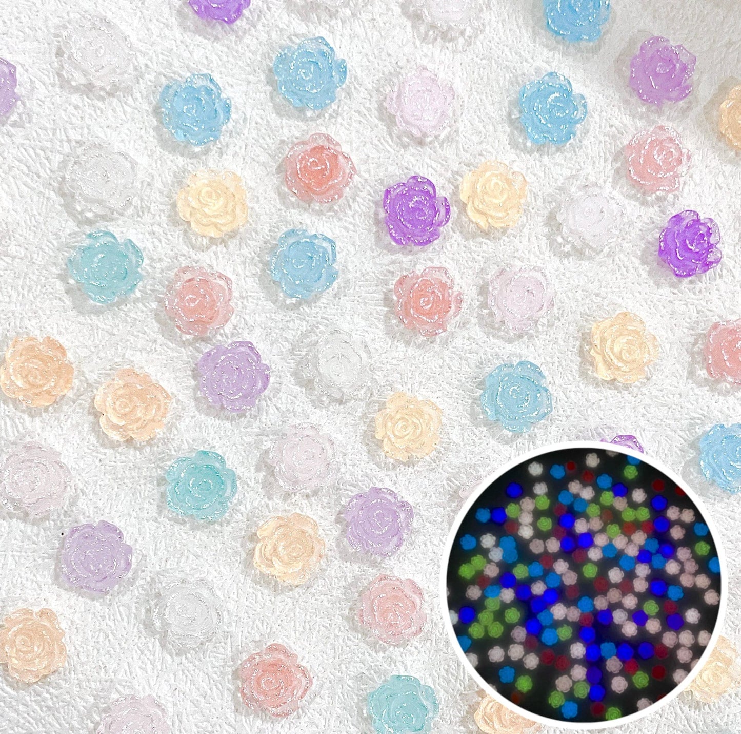 8MM Mixed Glow-in-Dark Glitter Roses, Floral Themed 3D Nail Art Charms