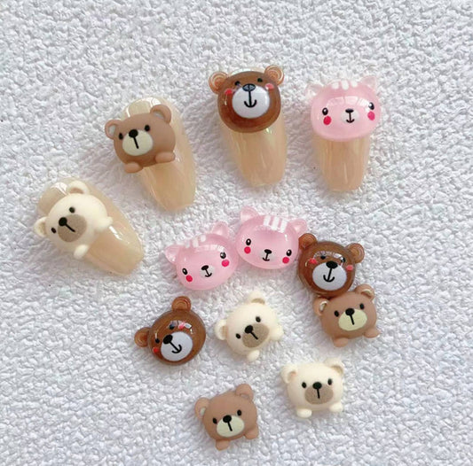 Cute Bear and Cat, Animal Themed 3D Nail Art Charms, Mini Cabochon