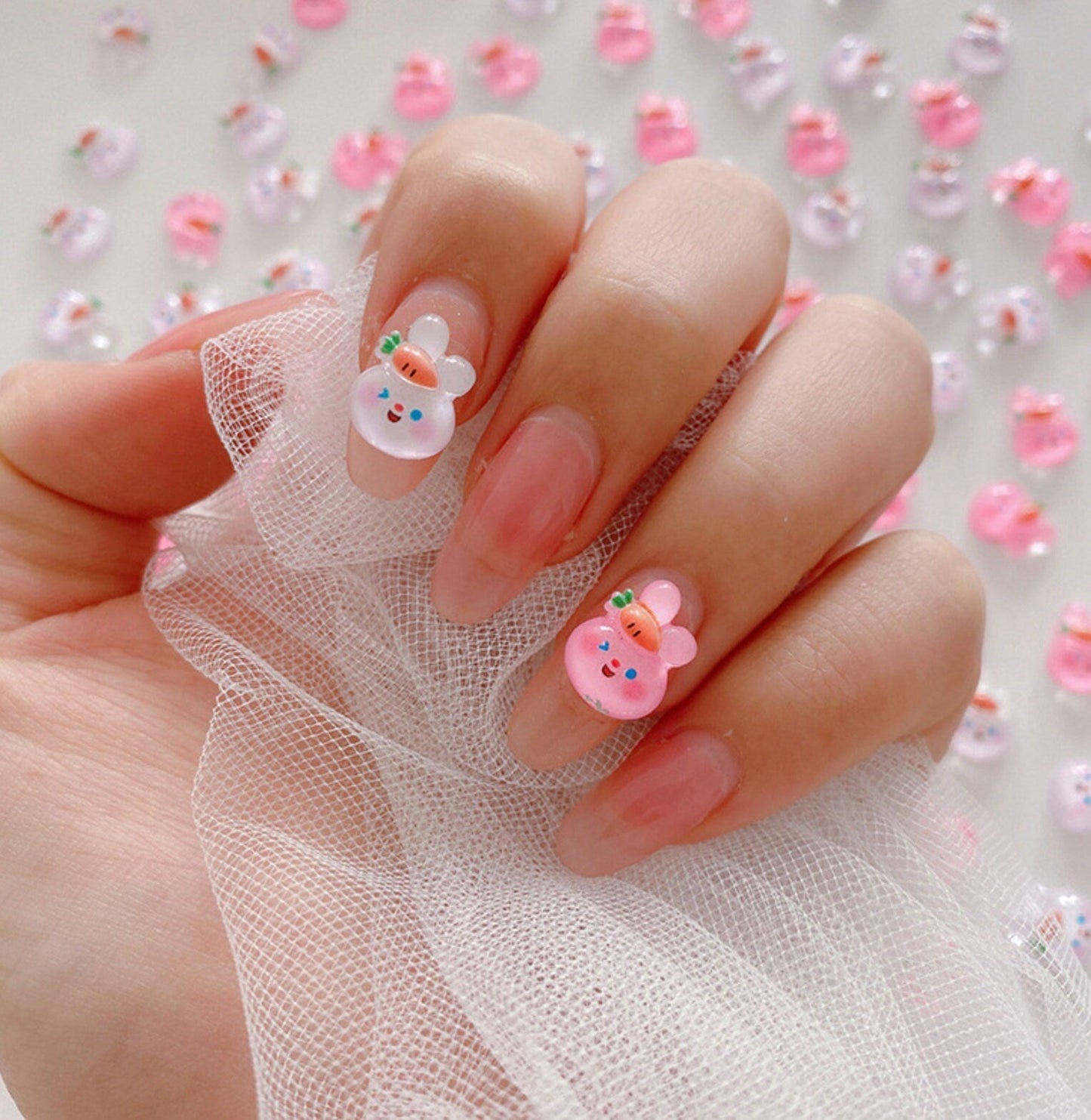 Cute Chubby Bunny with Carrot, Animal Themed 3D Nail Art Charms, Mini Cabochon
