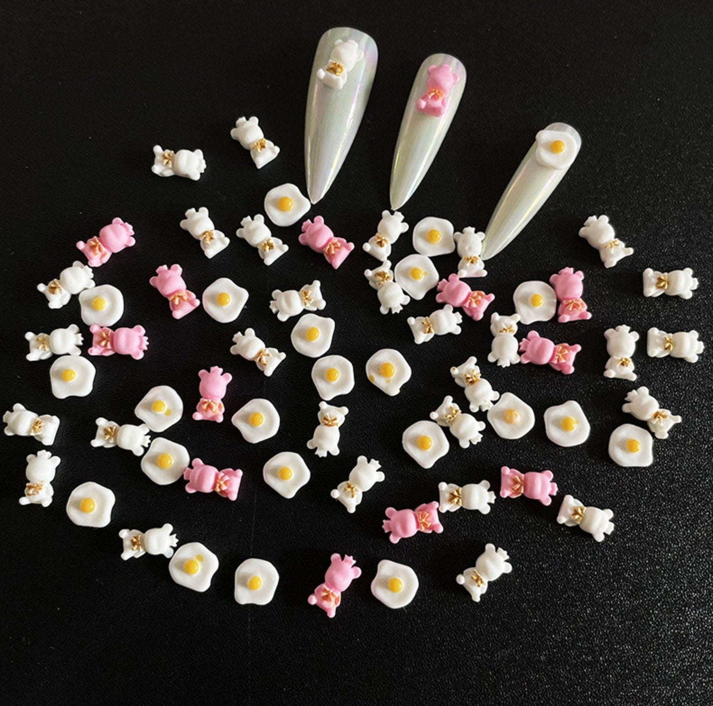 Cute Pink Bear, White Bear, Egg Nail Art Charms, Mini Cabochon