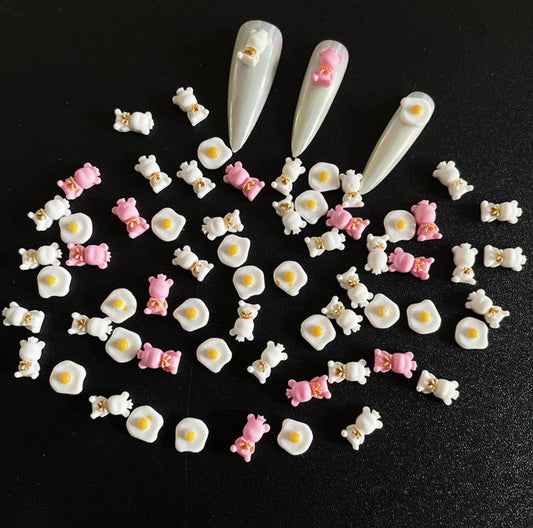 Cute Pink Bear, White Bear, Egg Nail Art Charms, Mini Cabochon