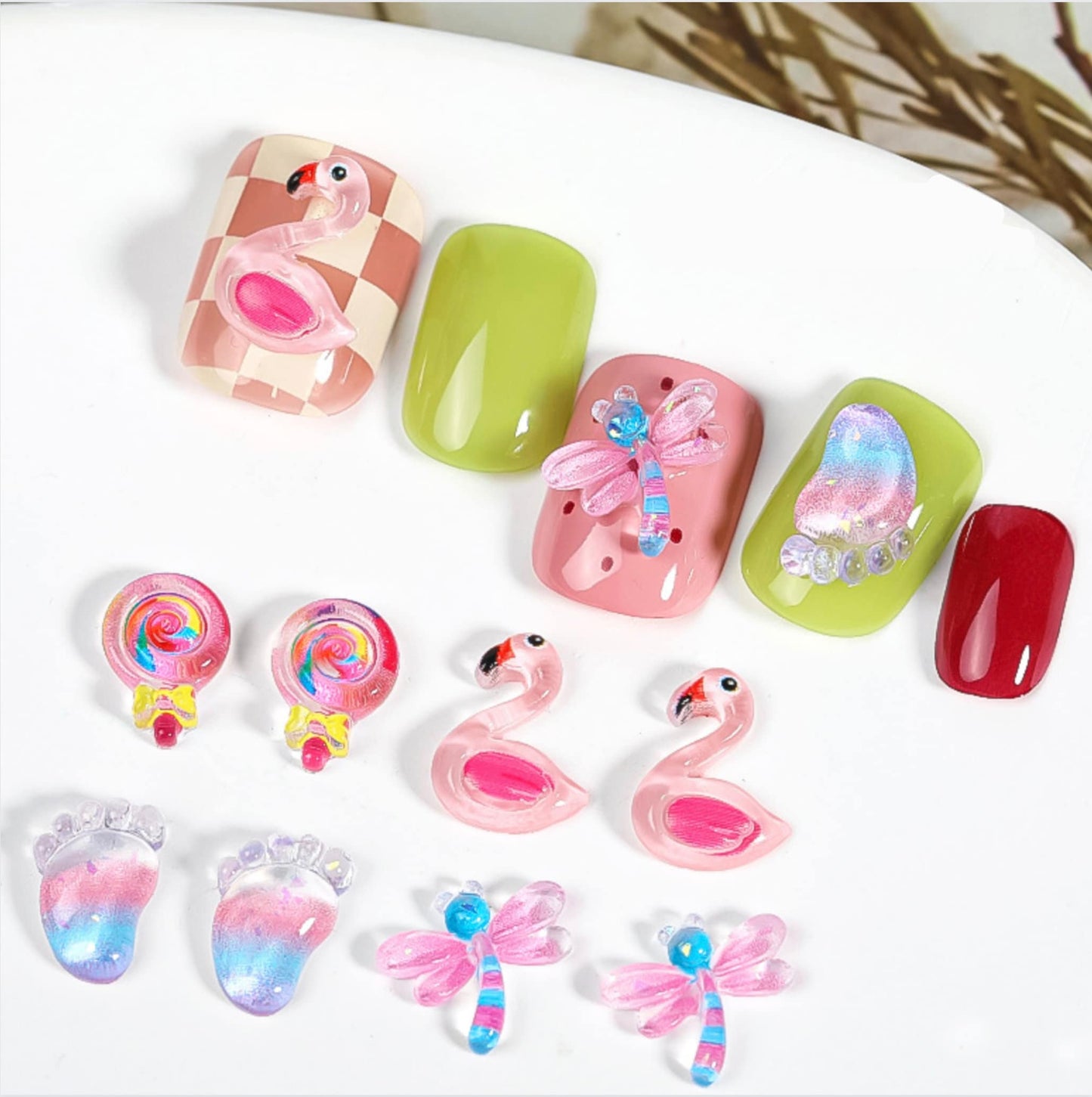 Cute Resin Lollipop, Flamingo, Dragonfly Nail Art Charms, Mini Cabochon