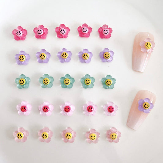 Cute Smiley Faced Flower Themed 3D Nail Art Charms, Mini Cabochon