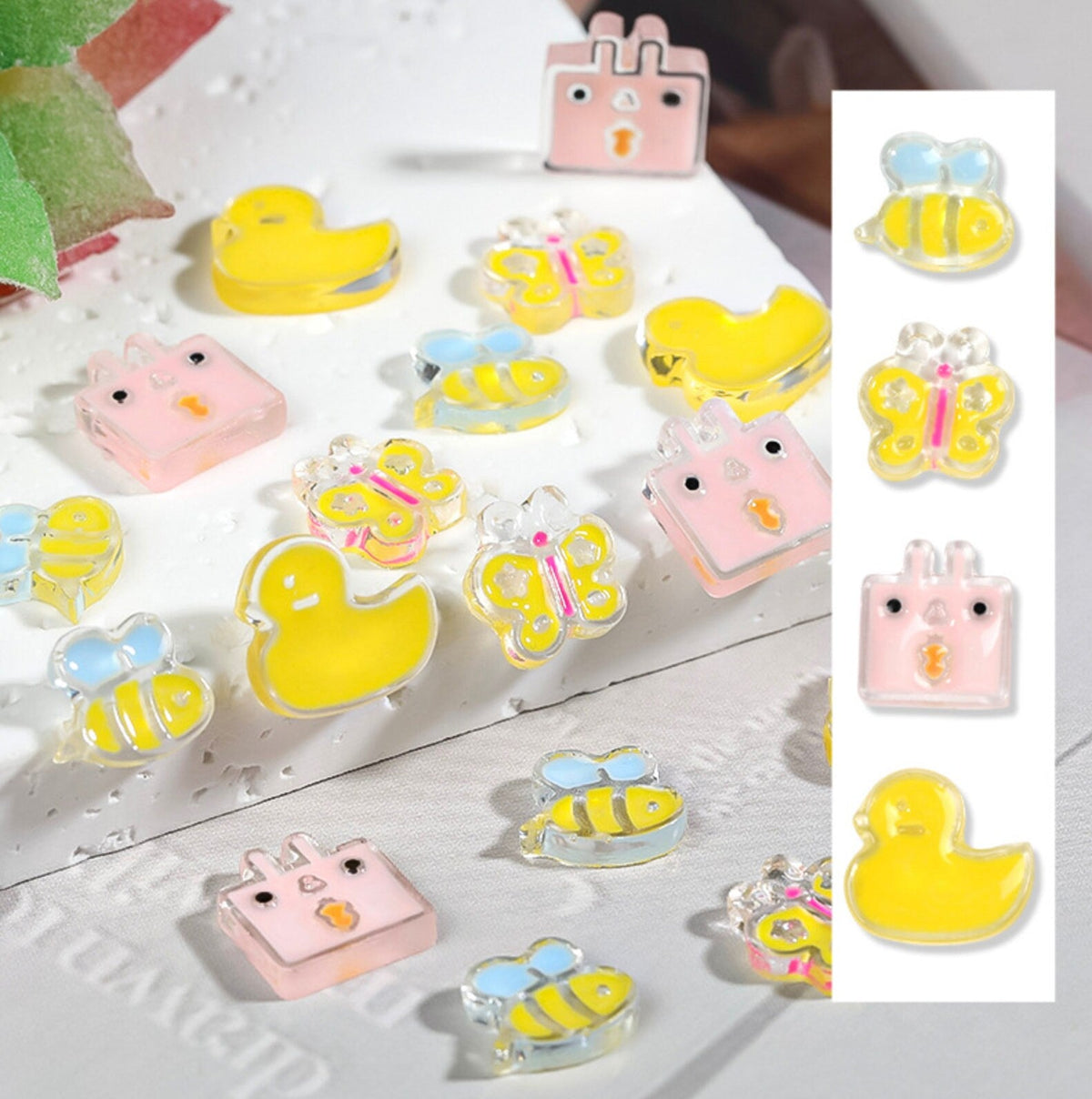 Kawaii Resin Nail Art Charms, (Bee, Planet, Duck, Butterfly, Square Bunny)