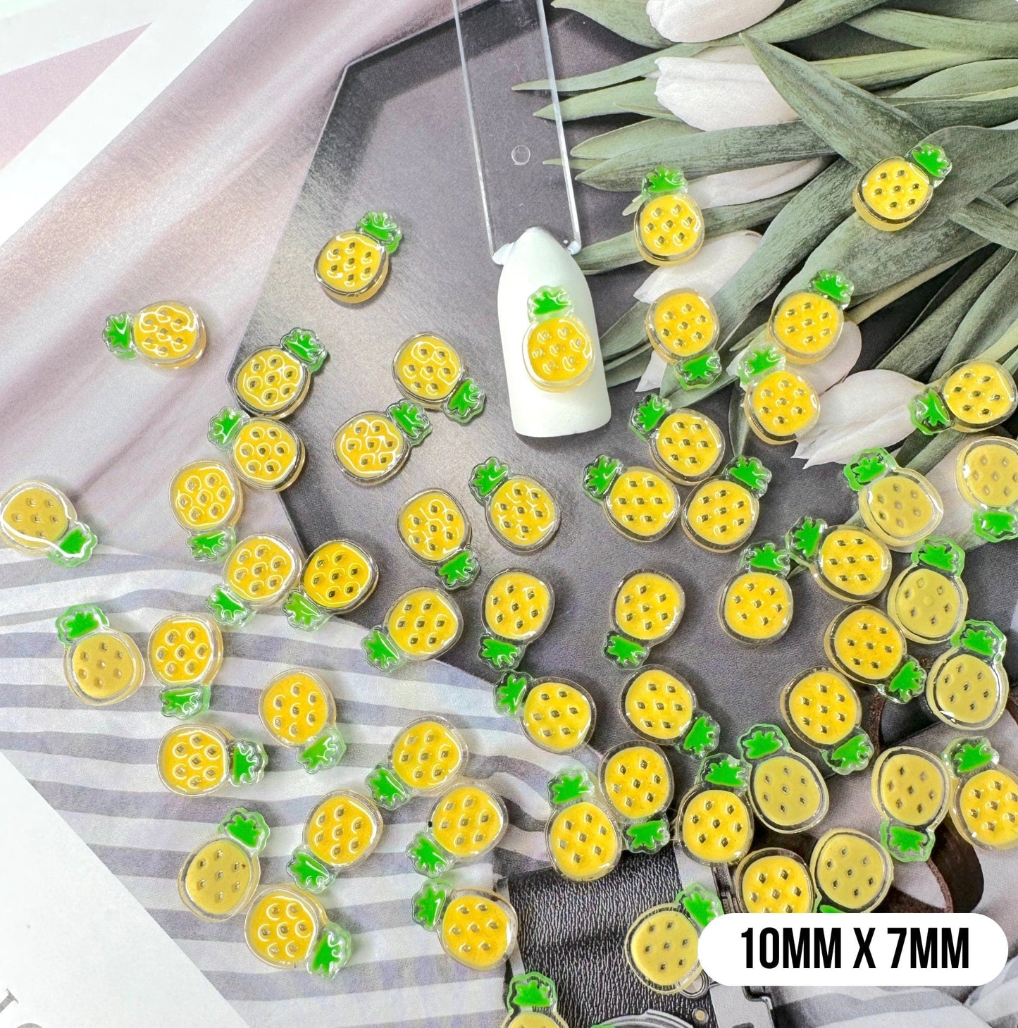 Kawaii Yellow/Pink Pineapple, Fruit Themed 3D Nail Art Charms, Mini Cabochon