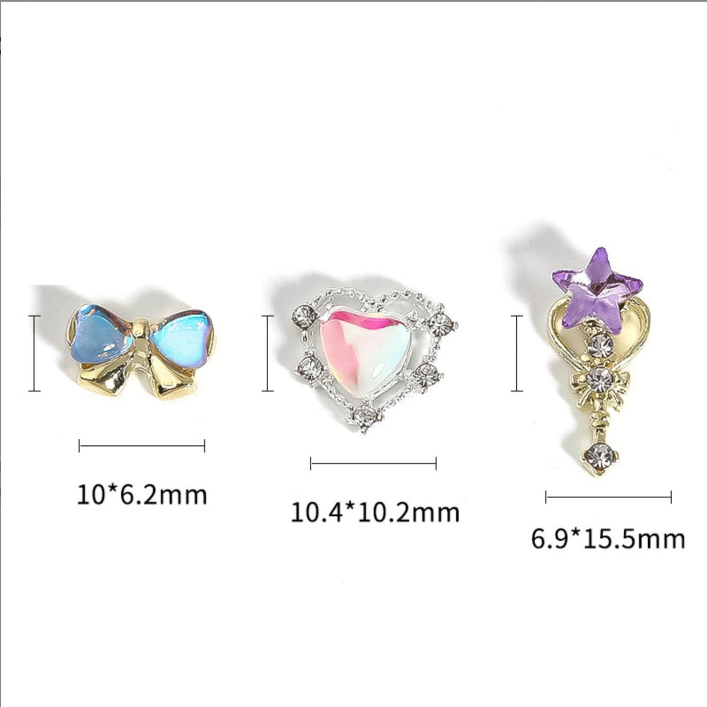 Large Rhinestone Bow, Heart, Star Wand Themed Nail Art Charms