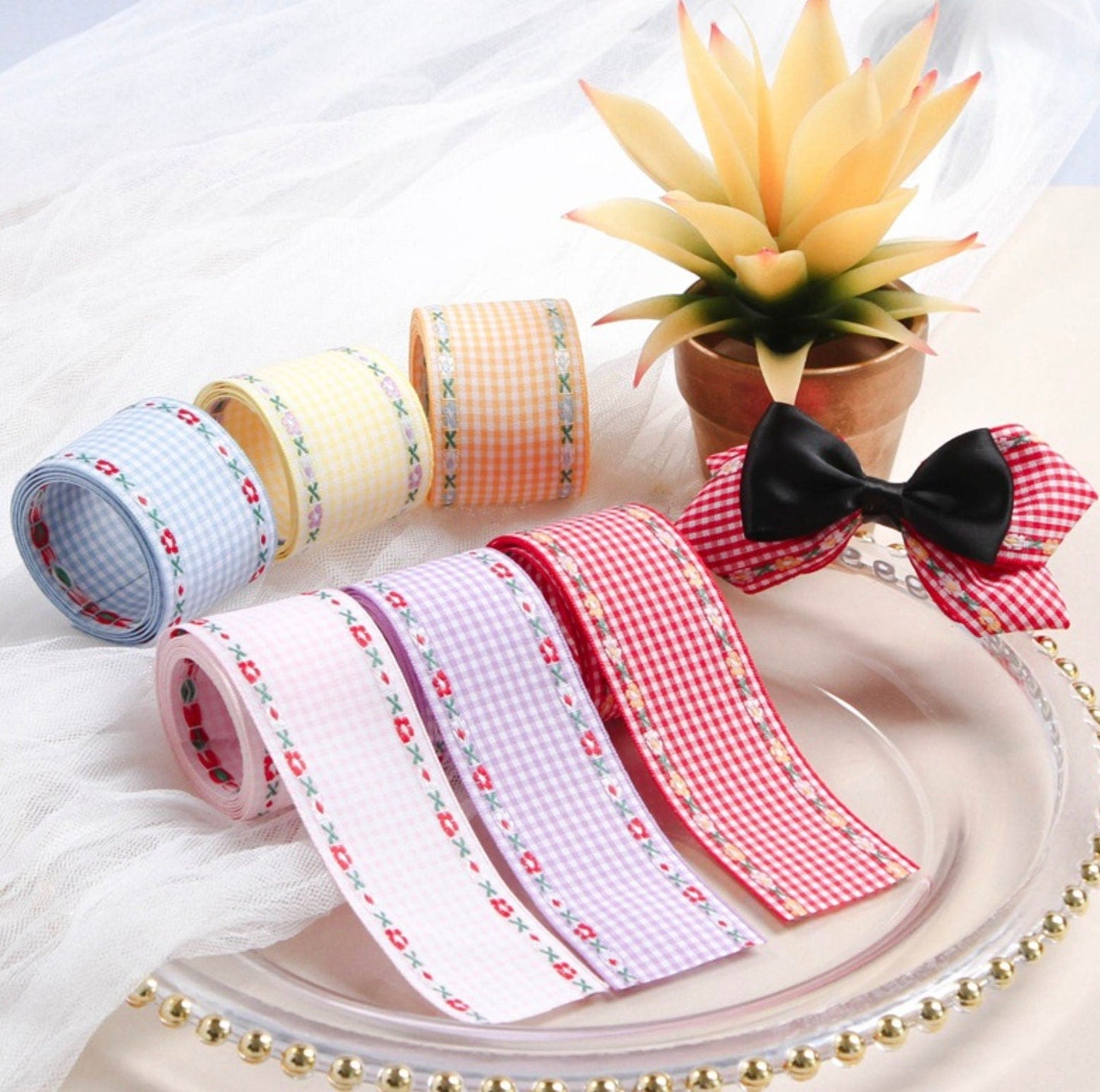 0.4 inch/ 1 inch/ 1.5 inch Cute 15 Colors Floral Plaid Ribbons (10YD)