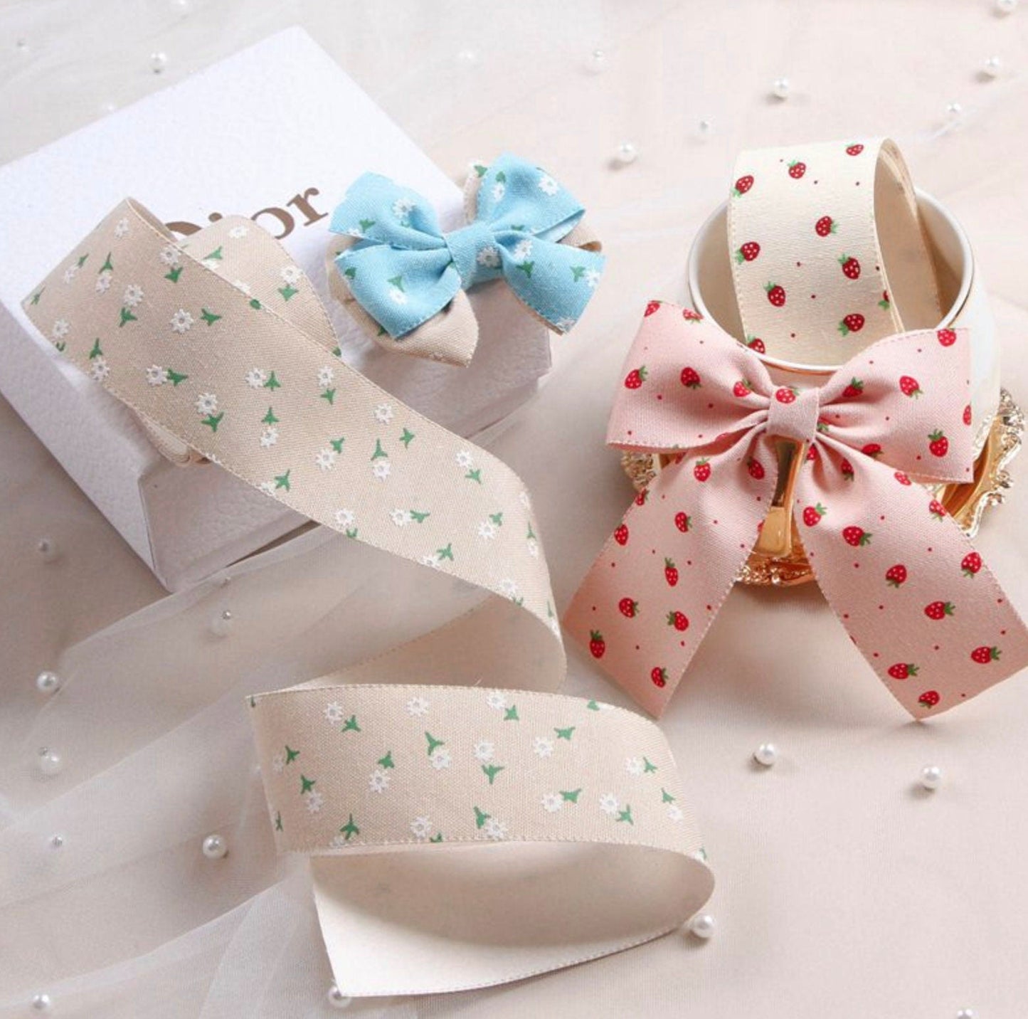 1 inch/1.5 inchCute Strawberry Flower Field Themed Ribbons (10YD)