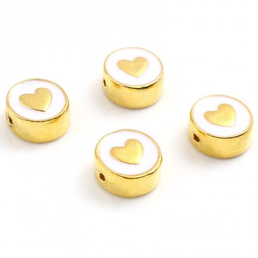 10MM Gold Heart Enamel Filled Flat Round Charm