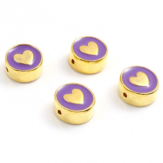 10MM Gold Heart Enamel Filled Flat Round Charm