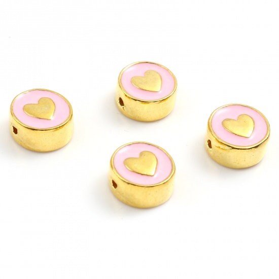 10MM Gold Heart Enamel Filled Flat Round Charm