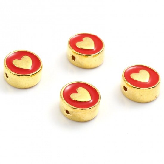 10MM Gold Heart Enamel Filled Flat Round Charm