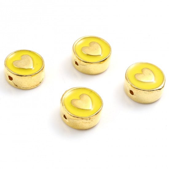 10MM Gold Heart Enamel Filled Flat Round Charm