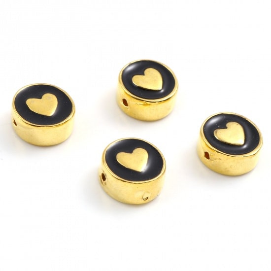 10MM Gold Heart Enamel Filled Flat Round Charm