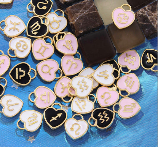 12MM Heart Themed Astrological Signs, Zodiac Sign Themed Enamel Charms