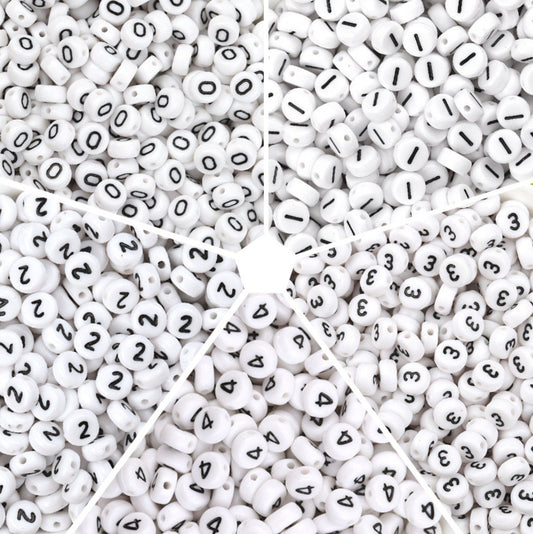 7MM 0-9 Individual Number Beads, Round White beads with Black Numbers