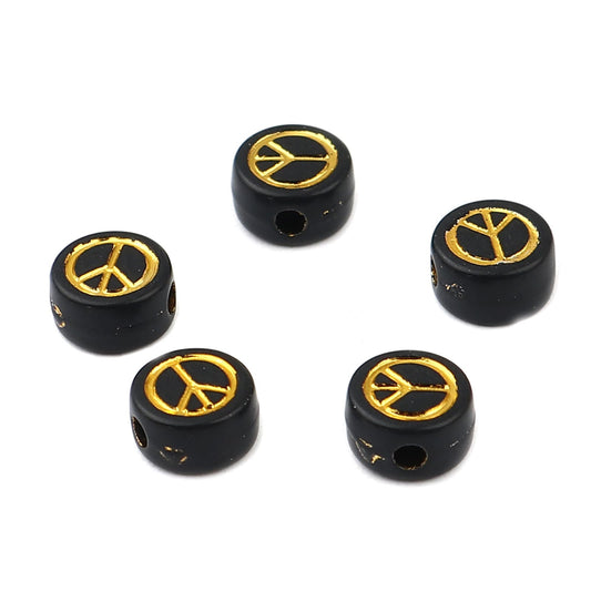 7MM Black Color Flat Round Acrylic Gold Peace Sign Beads