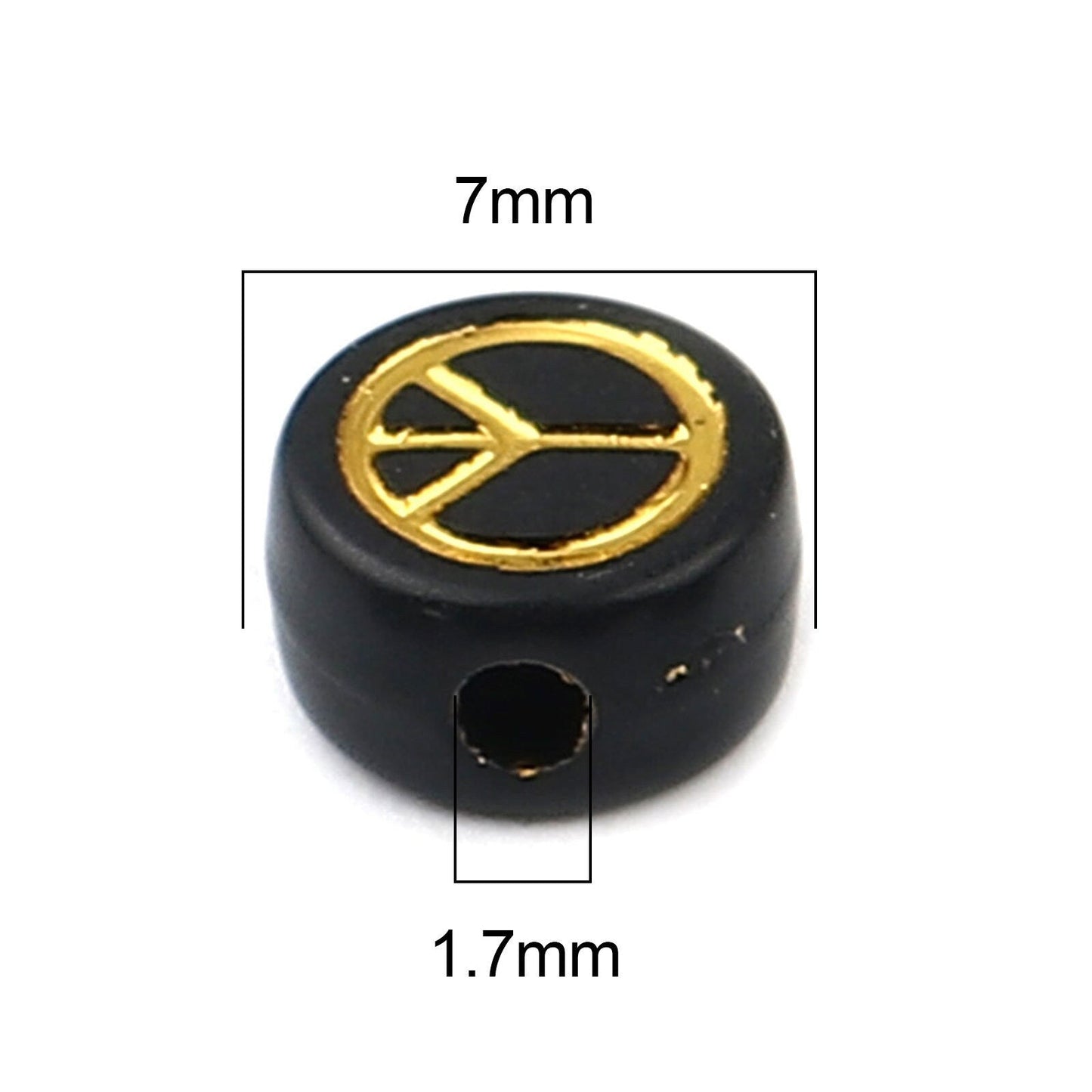 7MM Black Color Flat Round Acrylic Gold Peace Sign Beads