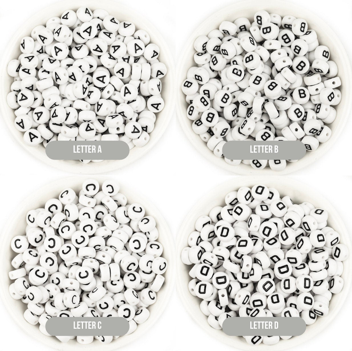 A-Z Alphabet Individual Beads, Black Letter White Beads (7MM)