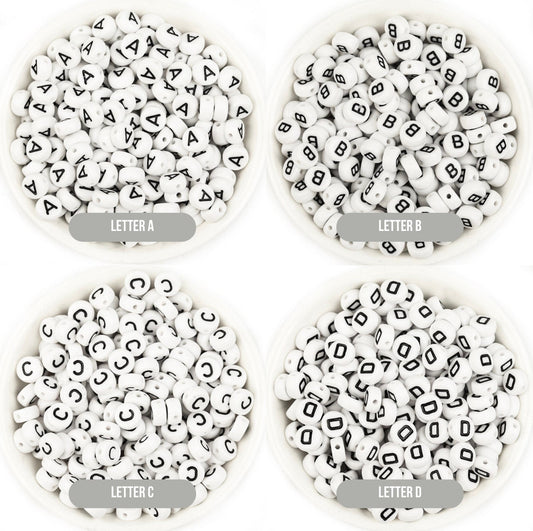 A-Z Alphabet Individual Beads, Black Letter White Beads (7MM)