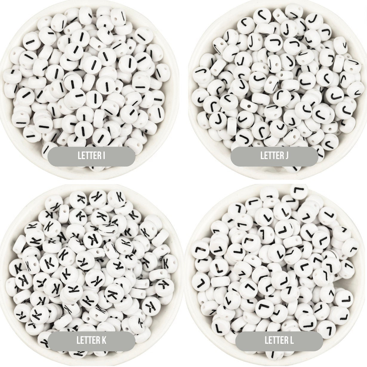 A-Z Alphabet Individual Beads, Black Letter White Beads (7MM)