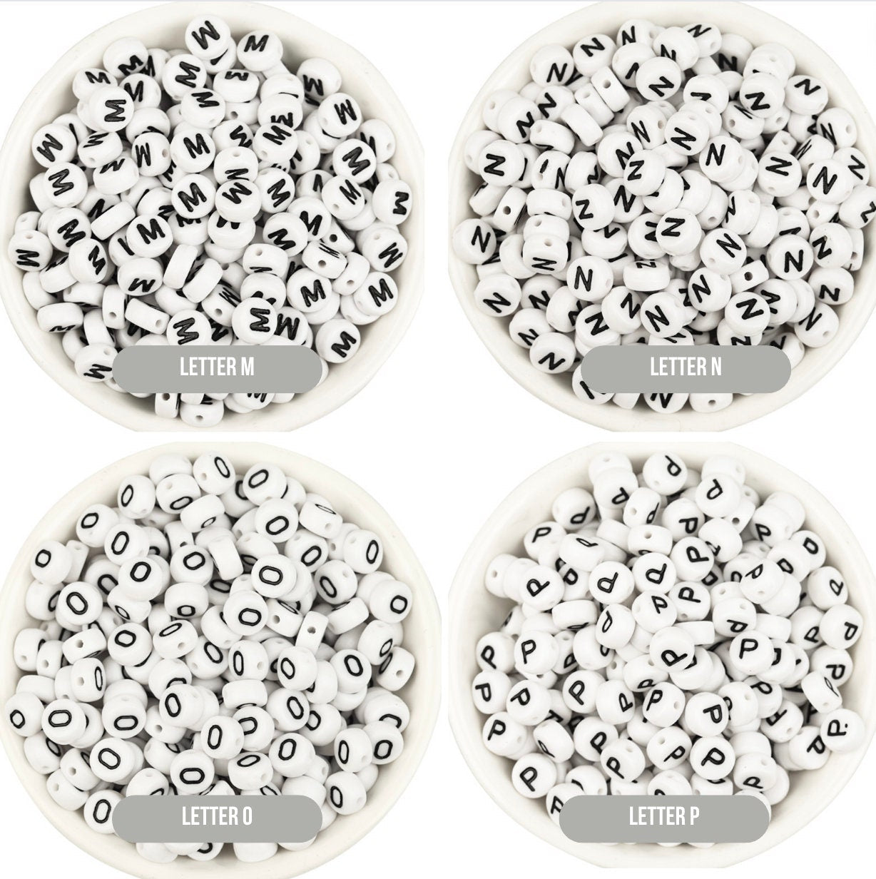 A-Z Alphabet Individual Beads, Black Letter White Beads (7MM)