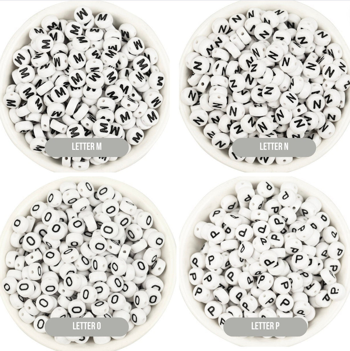 A-Z Alphabet Individual Beads, Black Letter White Beads (7MM)