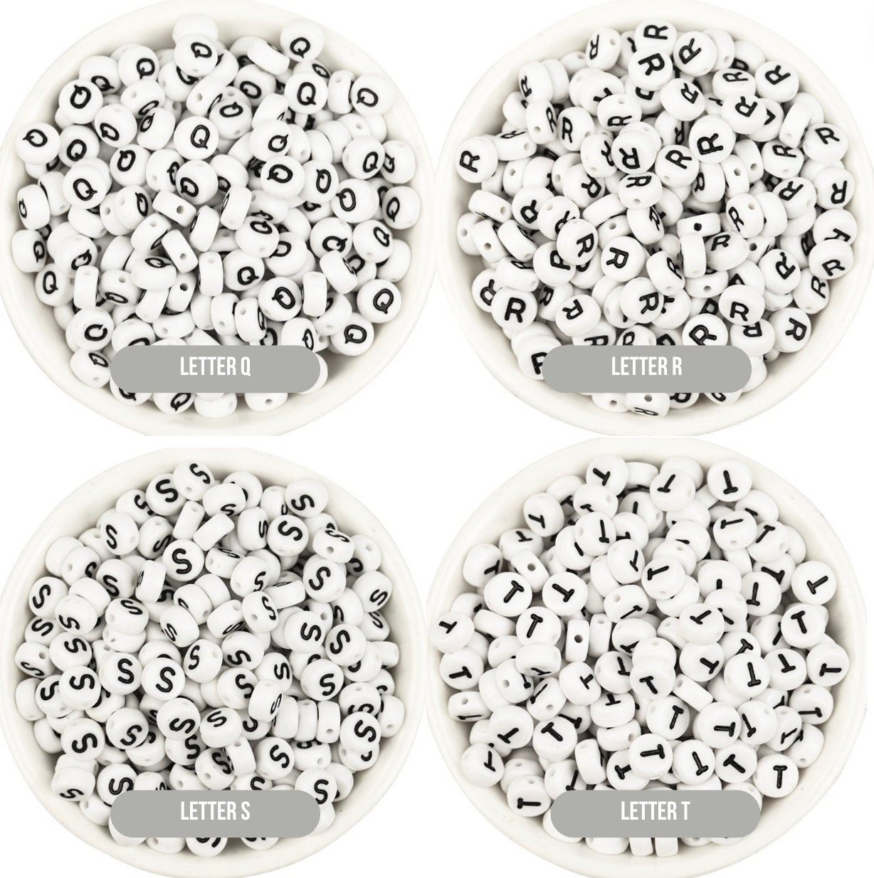 A-Z Alphabet Individual Beads, Black Letter White Beads (7MM)