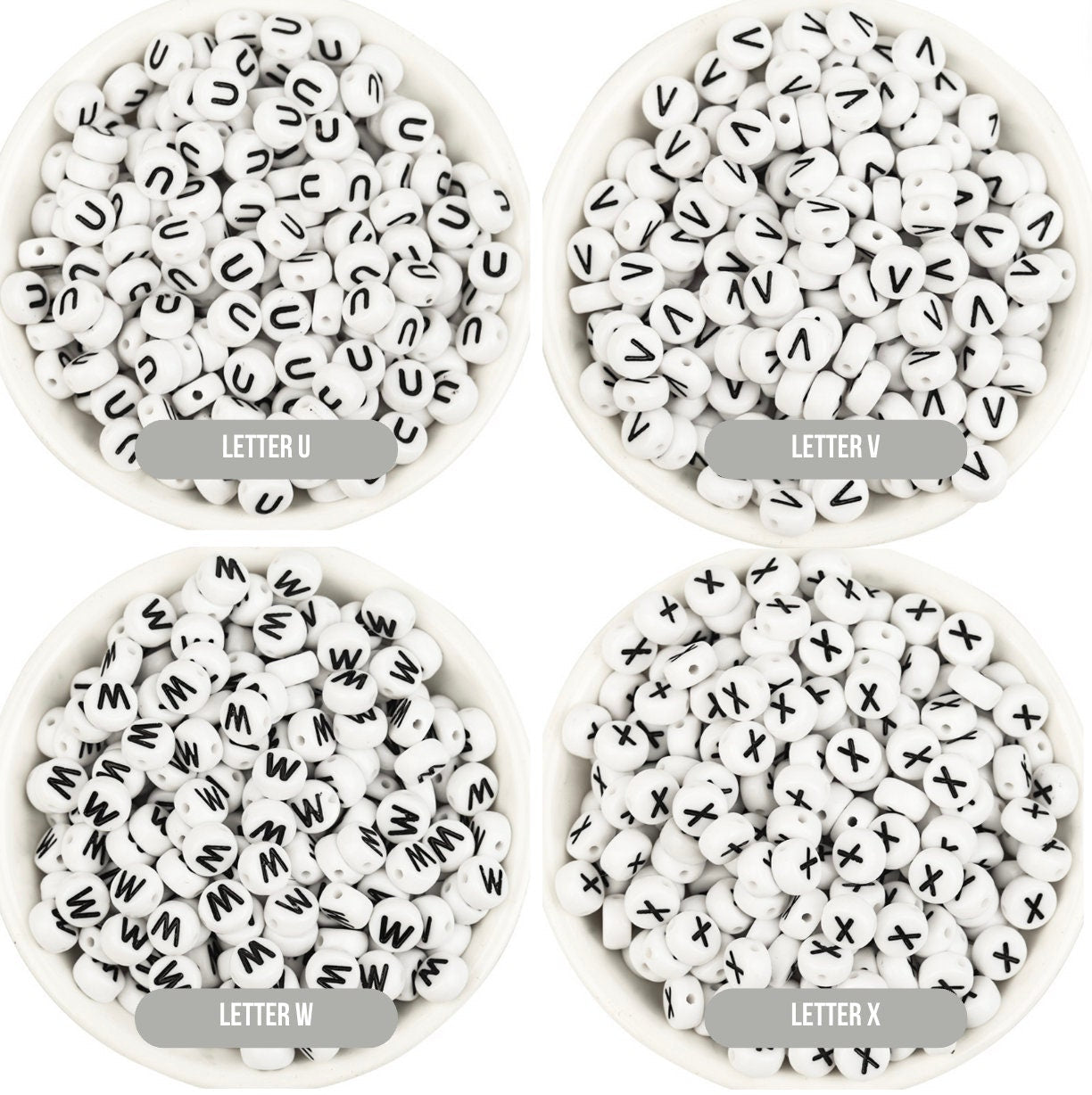 A-Z Alphabet Individual Beads, Black Letter White Beads (7MM)