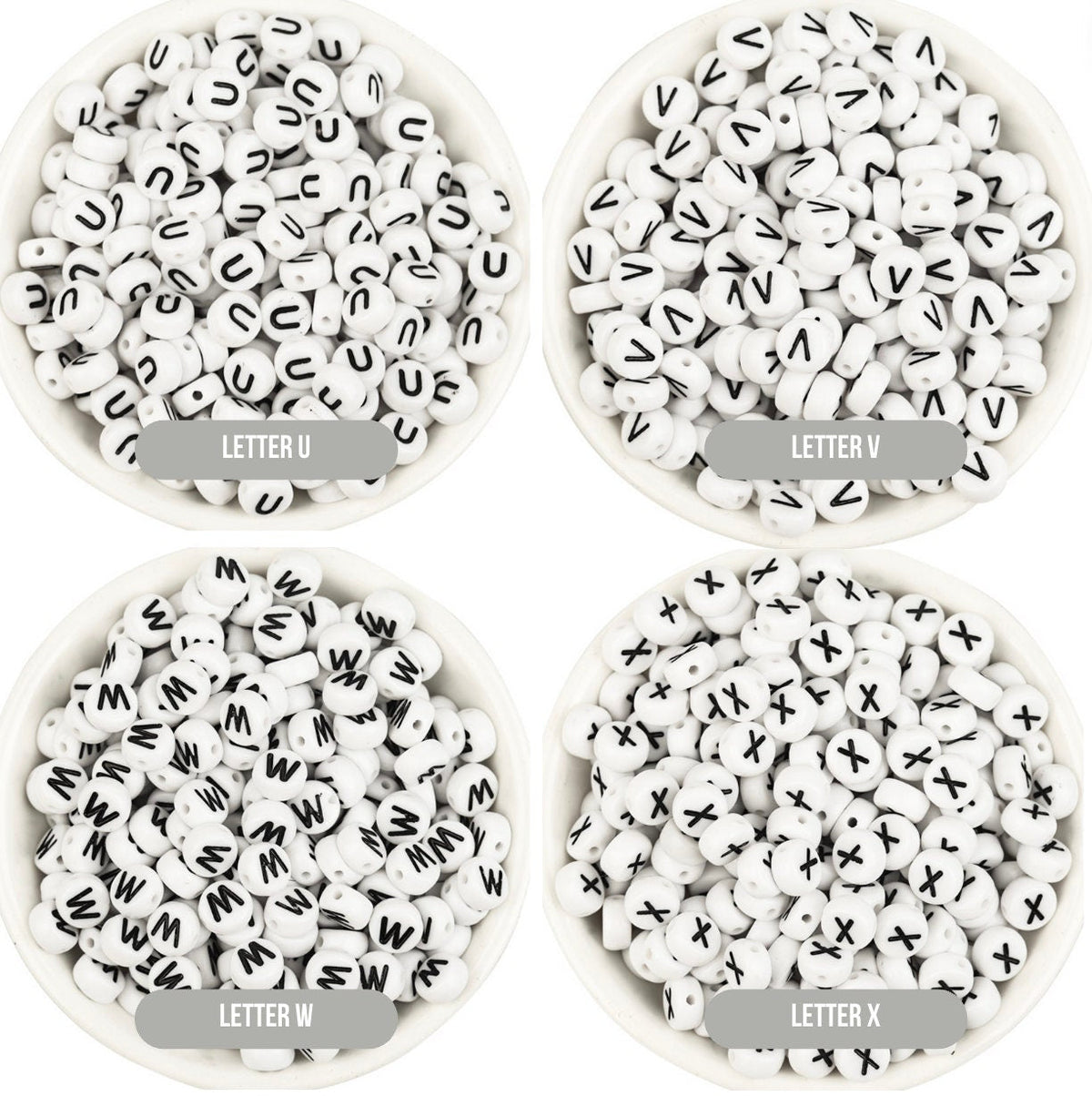A-Z Alphabet Individual Beads, Black Letter White Beads (7MM)