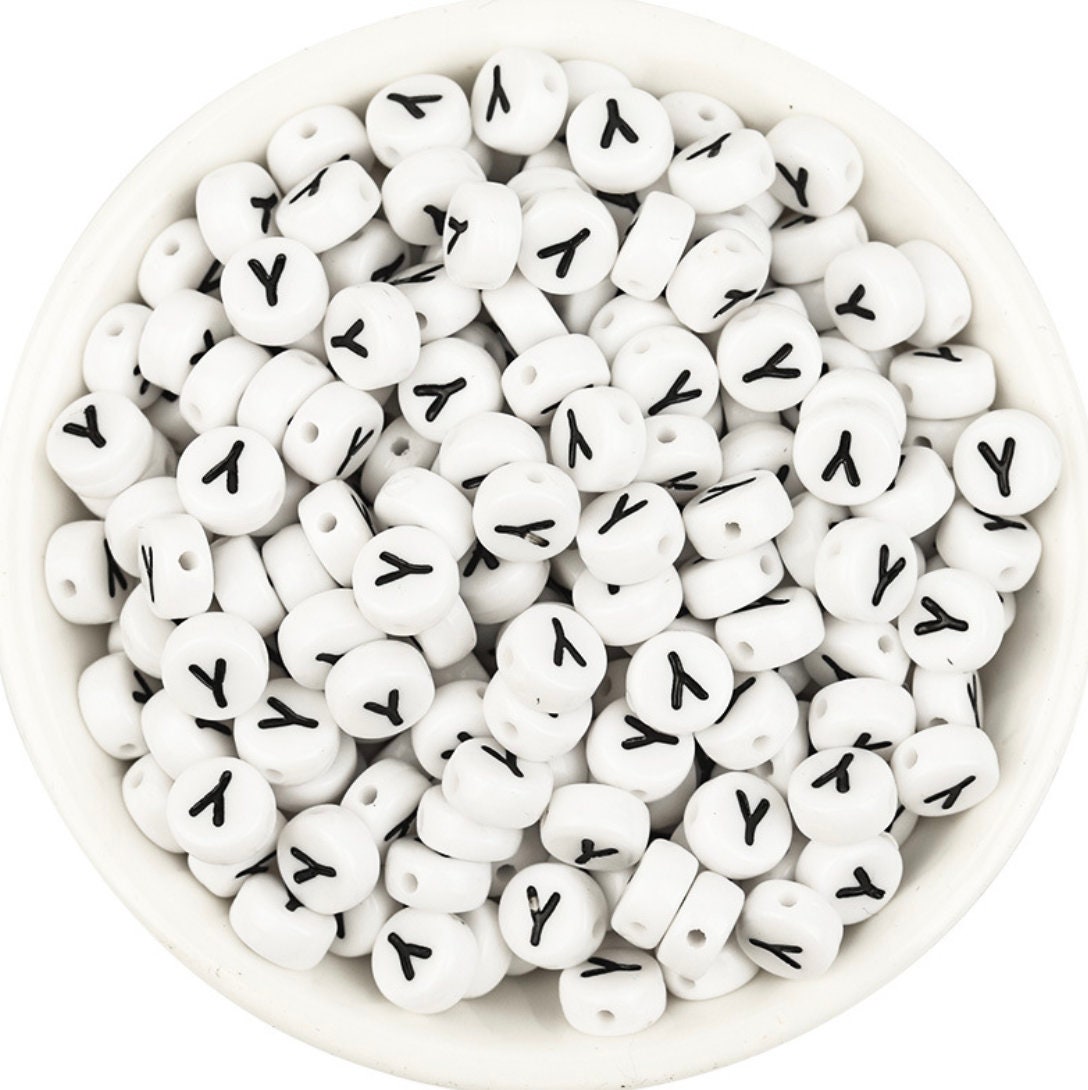 A-Z Alphabet Individual Beads, Black Letter White Beads (7MM)