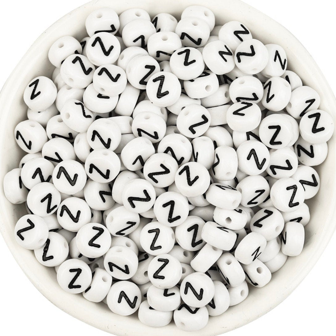 A-Z Alphabet Individual Beads, Black Letter White Beads (7MM)
