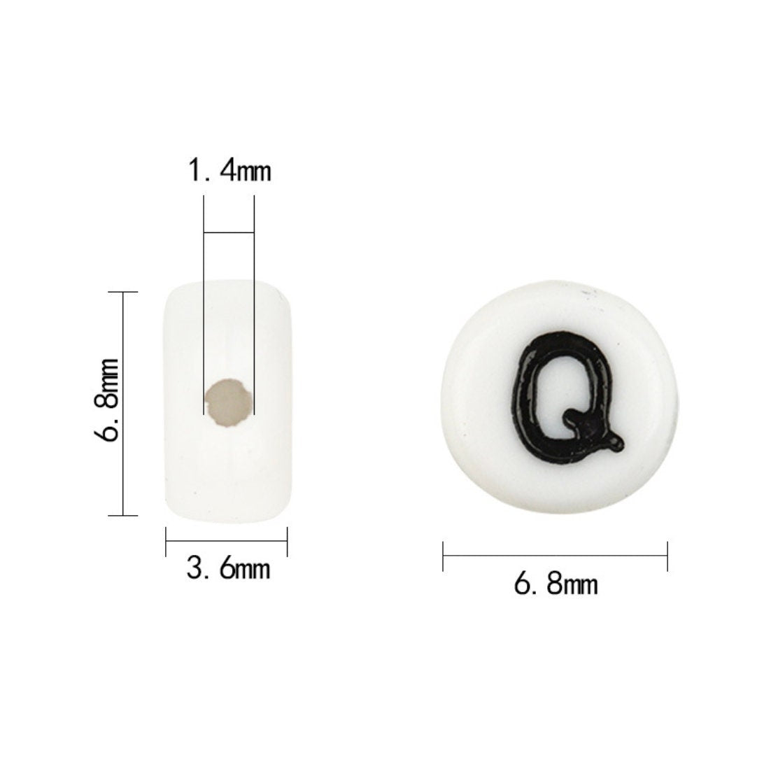 A-Z Alphabet Individual Beads, Black Letter White Beads (7MM)