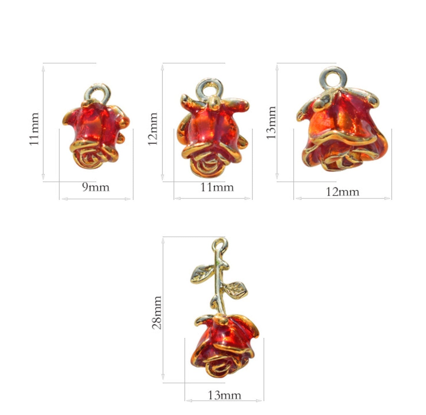 Metal Rose Flower and Flower Stem Enamel Charm