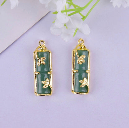 Green/White Bamboo Charm with Alloy and Stone Themed (10mm x 31mm)