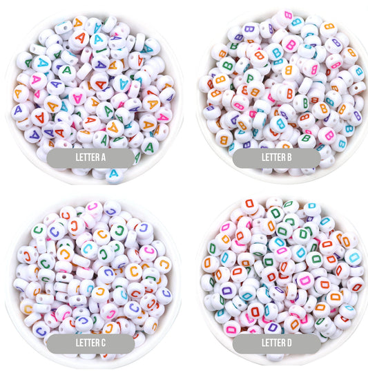 Letter A-Z Alphabet Beads, White beads with Multi Colored Letters (7MM)