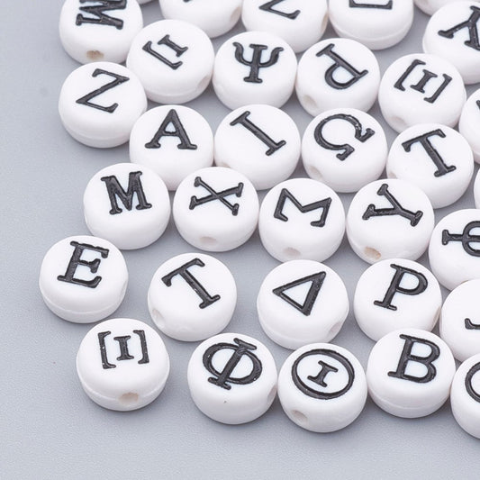 White Round Bead Black Greek Mixed Letter Acrylic Beads (4MM X 7MM)