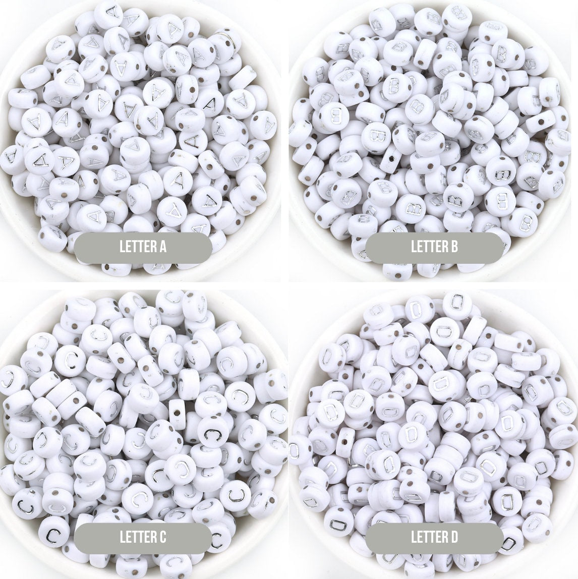 SILVER Letter A-Z Alphabet Individual Beads, White with Silver Letters (7MM)